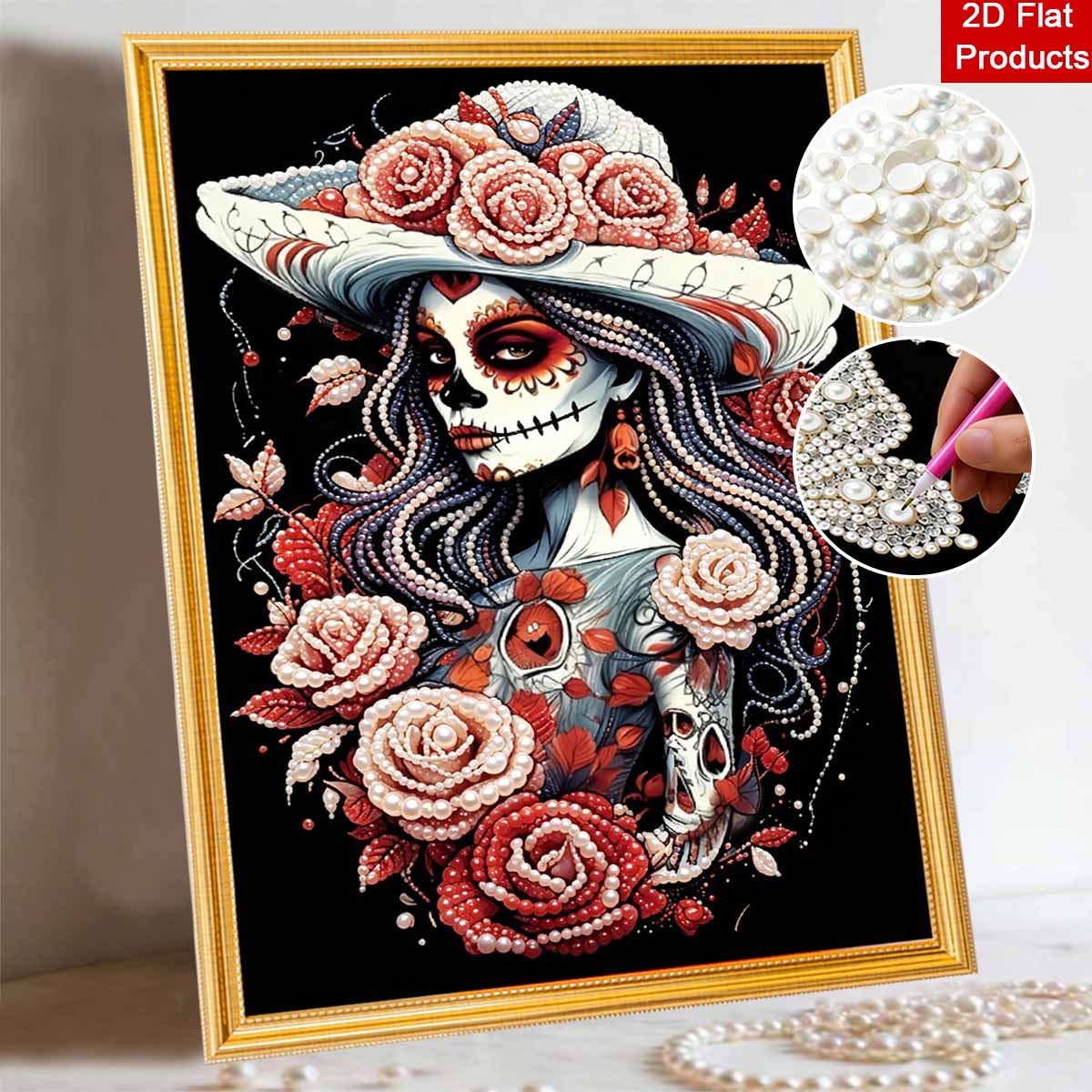 Halloween sugar skull lady rose floral pearl painting art full pearl handmade diy home decorations 30x40