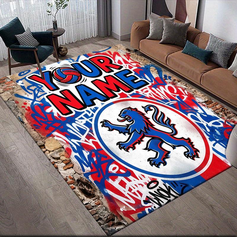 Custom Name,Olympique Lyonnais Home Sofa Decoration for Living Room & Bedroom, Non‑Slip Play Flannel Floor Mat for Game Room