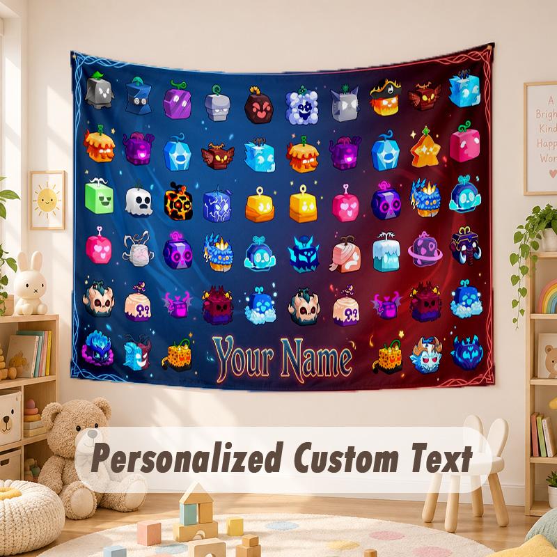 Arazzo Personalizzato con Nome e Testo, Appeso da Parete Boho Blox Fruits, Arazzo Decorativo per Sfondo Stanza