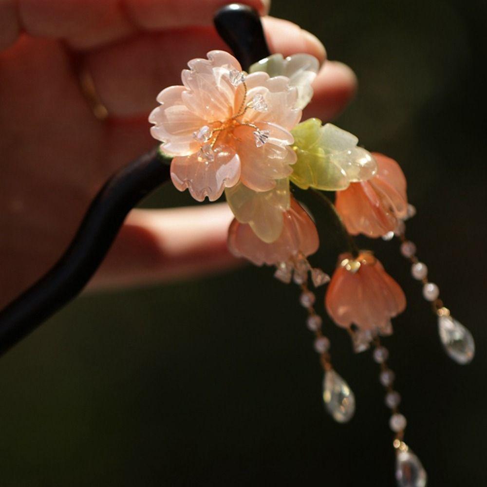 Flower Wooden Hair Stick Tassel Hanfu Hairpin Classical for Women