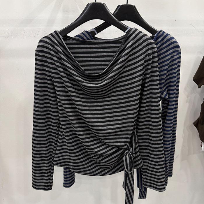 

Elegant French Cowl Neck Knitted Sweater for Women - Long Sleeve, Tie Waist, Slimming Striped Design Medium