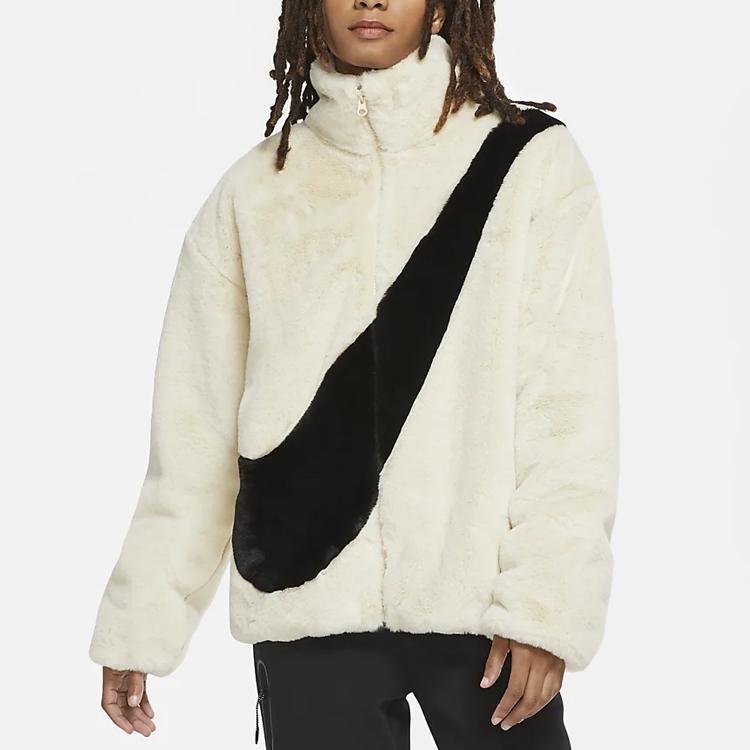 Nike Sportswear Womens Oversized Swoosh Logo Faux Fur Jacket Fossil/Black Women Streetwear CU6558-238