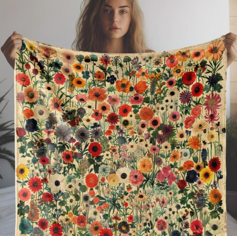 Vintage Floral Print Flannel Blanket - Soft Warm All-Season Throw for Office Camping Travel Cozy Gift for Men Vibrant Home Decor