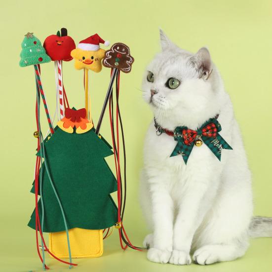 Christmas Cat Teaser Wand Interactive Toy Cartoon Apples Christmas Tree Star Gingerbread Man Plush Rod for Cats Safe Material Pet Supplies