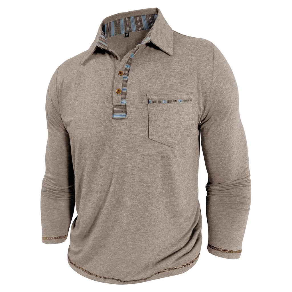 Spring Autumn Men's Business Casual Polos Long Sleeve Polo Shirt Patchwork Button-Down Collar Fashionable Bottom Pocket Tops