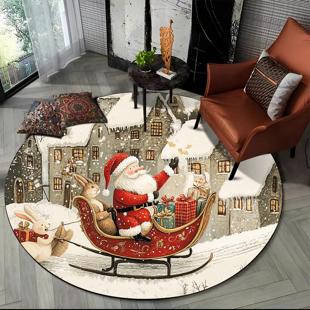 Cartoon Weihnachtsmann Frohe Weihnachten Schneemann Neujahr Runder Teppich für Schlafzimmer Wohnzimmer Sofadekoration, Dekor Bodenteppich