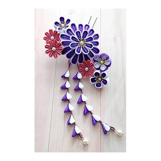 Lulu's Handmade Tsumami Zaiku Hair Accessory Set - Purple Round Chrysanthemum & Rose Chirimen Flowers with Dangling Ornaments, Comb & U-Pins - for
