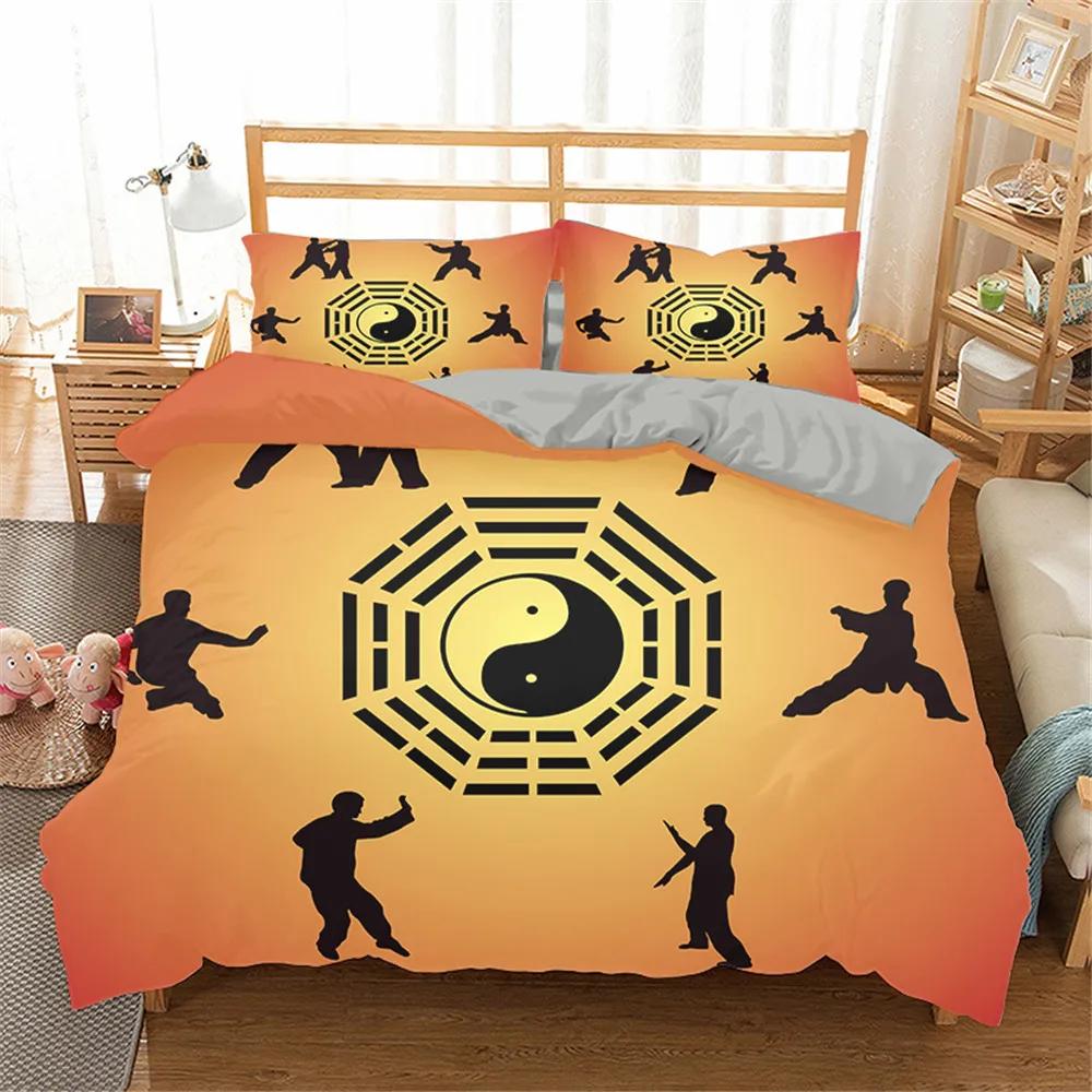 Chinese Kungfu Duvet Cover Black Cartoon Martial Artist Silhouette for Adult Teens Boys China Cultural Theme Bedroom Decoration
