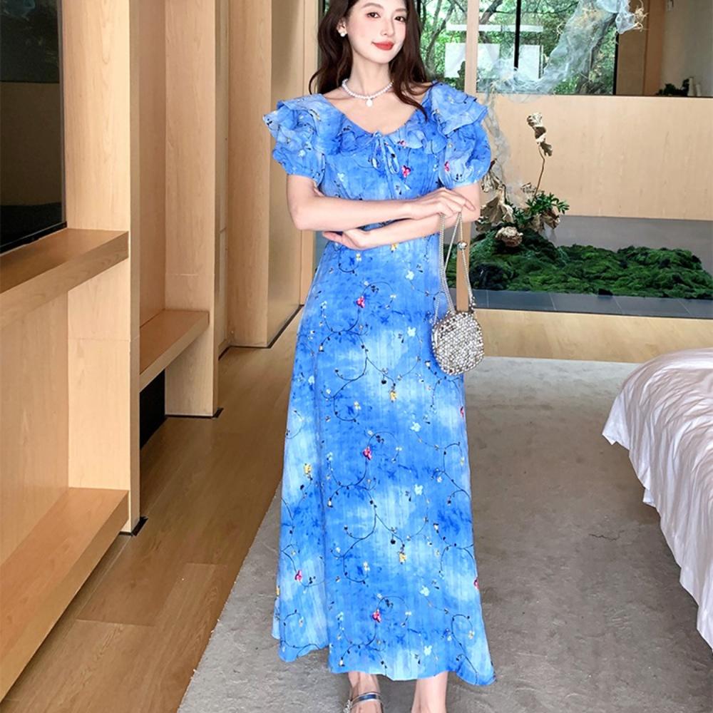 Retro V-neck Slimming Floral Print Midi Dress for Women Short Sleeve Ruffles Splice Temperament Vacation Long Dress