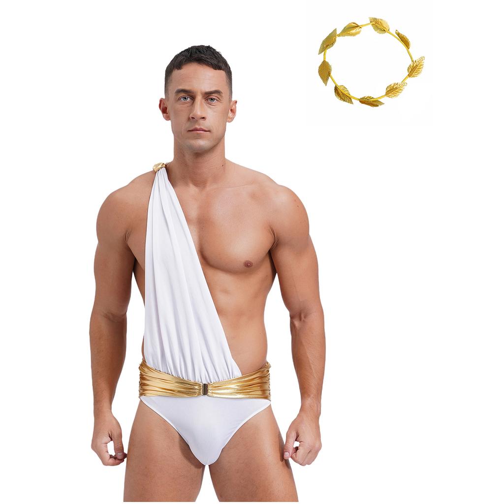 Mens Ancient Greek Roman Costume One Shoulder Bodysuit Metallic Belt Briefs Toga Jumpsuit Leaf Garland Headwear