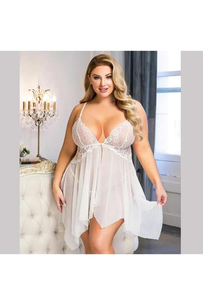 Women's Fashion Big Size Nightgown Nuitamore Ecru Big Size Lace and Tulle Fabric Nightgown.