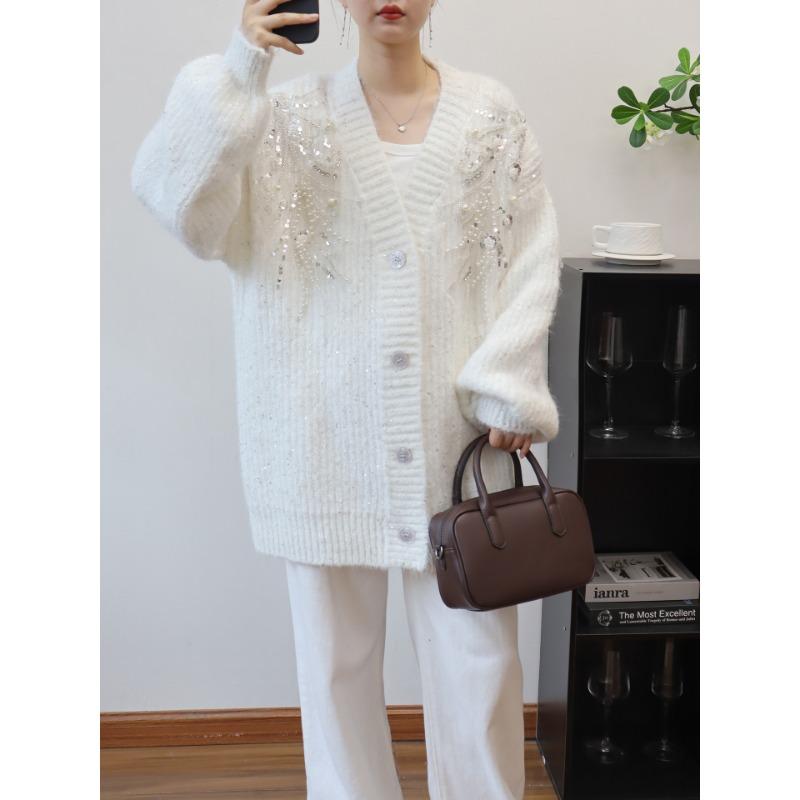 Autumn and Winter New Medium and Long Knitted Cardigan Loose Sequined Beaded Design Sweater Jacket Women
