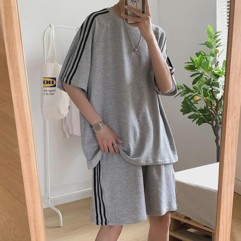 Hong Kong Style Summer Couple's Striped T-Shirt Set - Unisex, Short Sleeve, Large Size