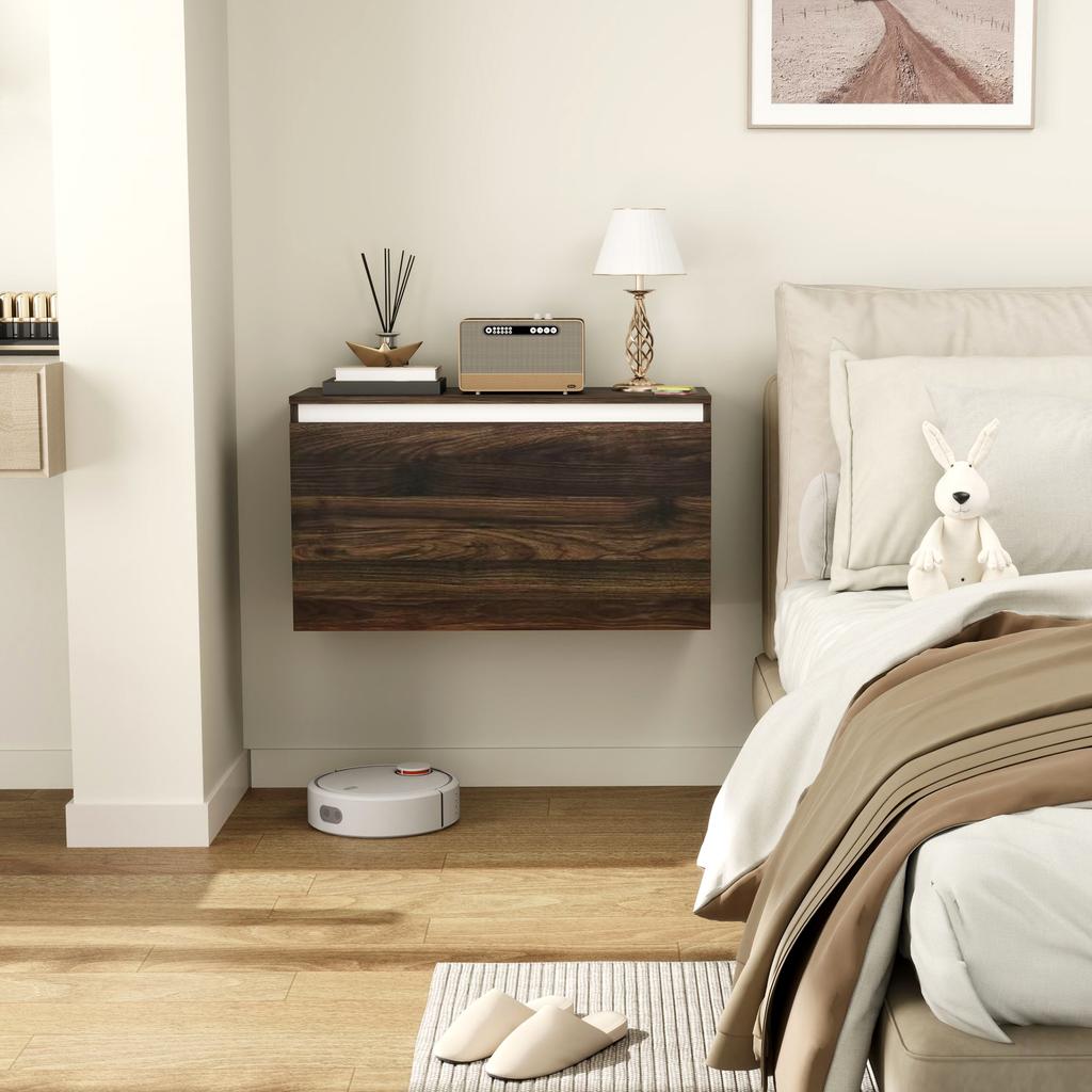 Wall-Mounted Bedside Table with Handleless Drawer and Wall Fixing, 80x30x45cm, Walnut