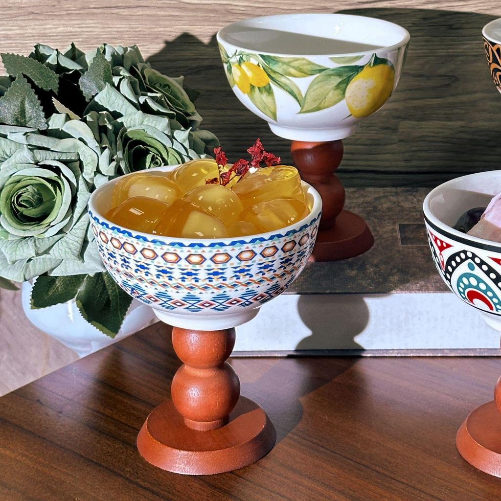 Bohemian French Retro Ceramic Dessert Bowl with Wooden Stem.