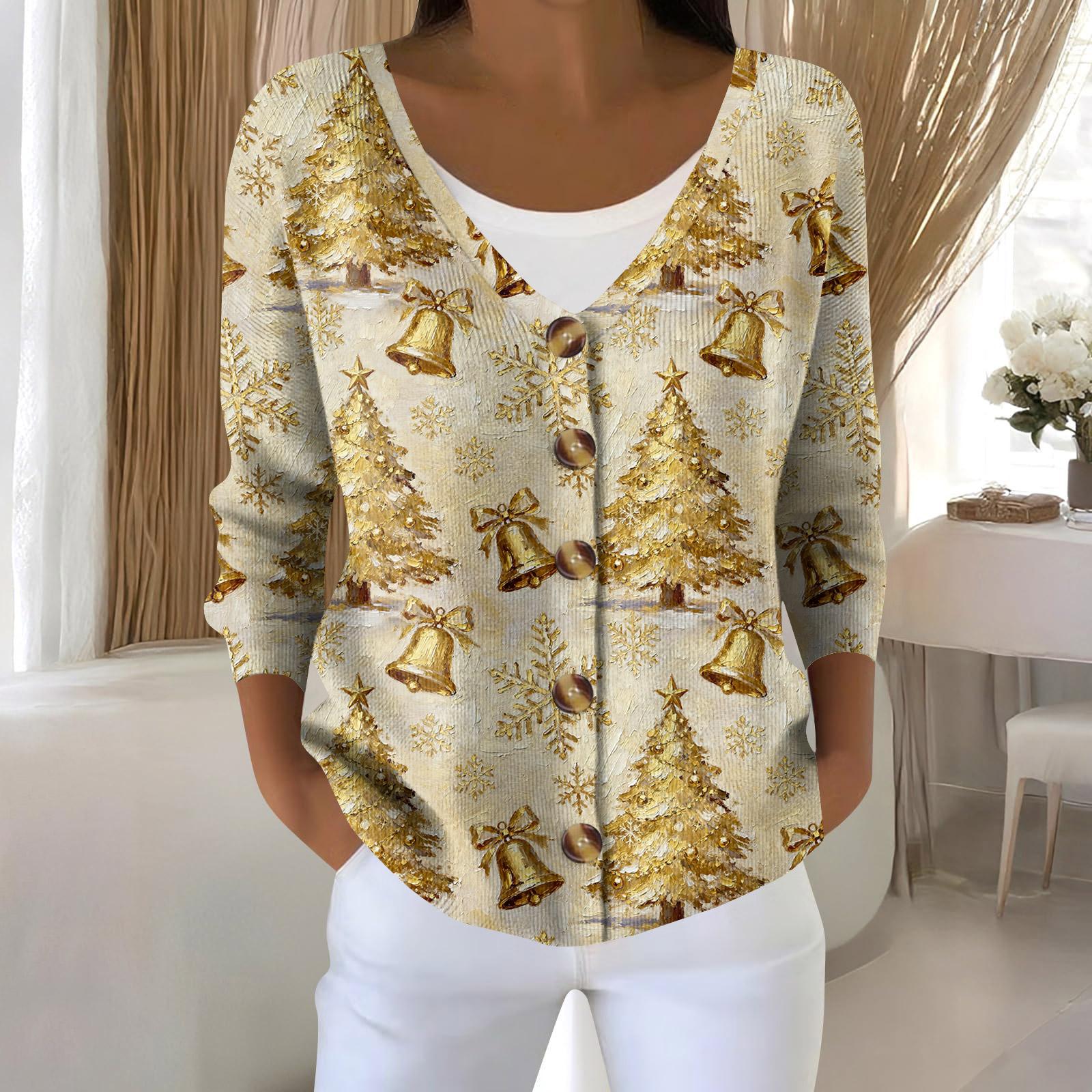 

Женская мода с длинным рукавом, рождественский принт «Снеговик-снежинка», куртка, кардиган L золотой