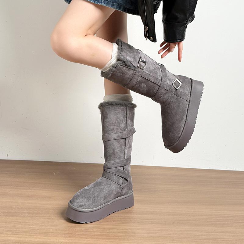 Damen Winterstiefel mit dicker Sohle, Fell, Steg für einen Fuß, leicht, warm, kälteabweisend, gepolstert, Schneestiefel, rutschfest, abriebfest, lässige Sneaker, lange Baumwollstiefel