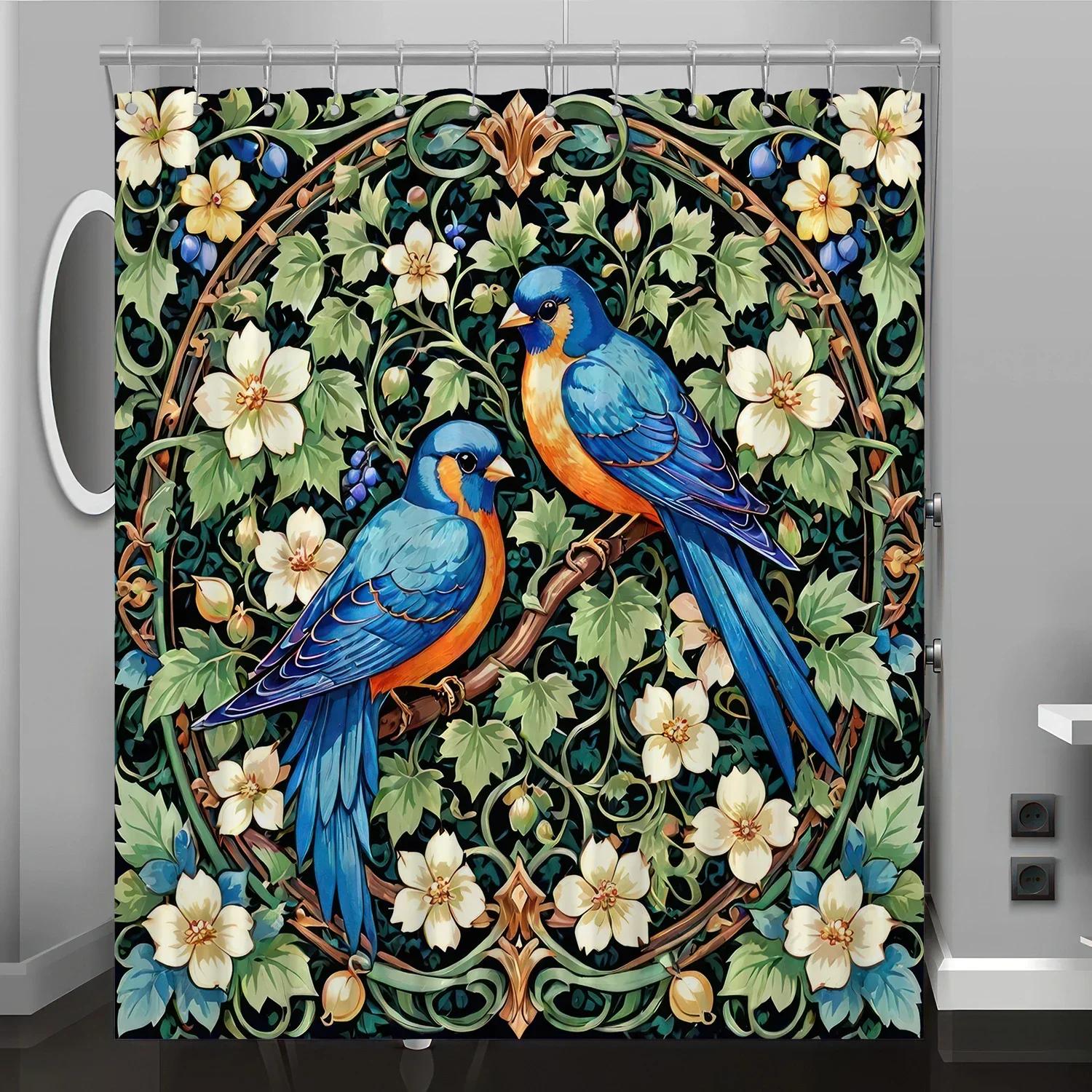 

Culture Art Bird Floral Pattern Digital Printing Shower Curtain, Bathroom Renovation Home Decoration, Free Hook W60H190(CM)-1 Pcs