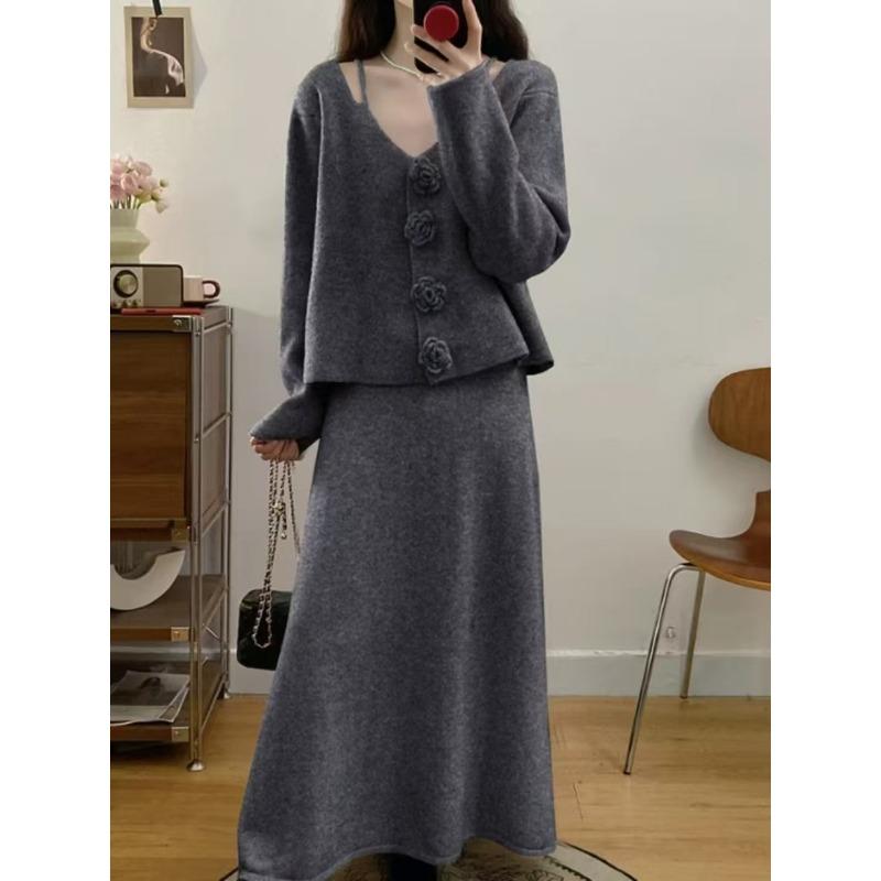 Camellia large size knitted cardigan skirt women's two-piece set autumn and winter new loose casual sweater set women