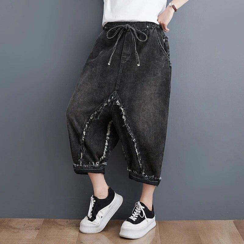 

Весенние женские повседневные хлопковые джинсовые лоскутные брюки до щиколотки с эластичной резинкой на талии, свободные шаровары, джинсы XXL чёрный