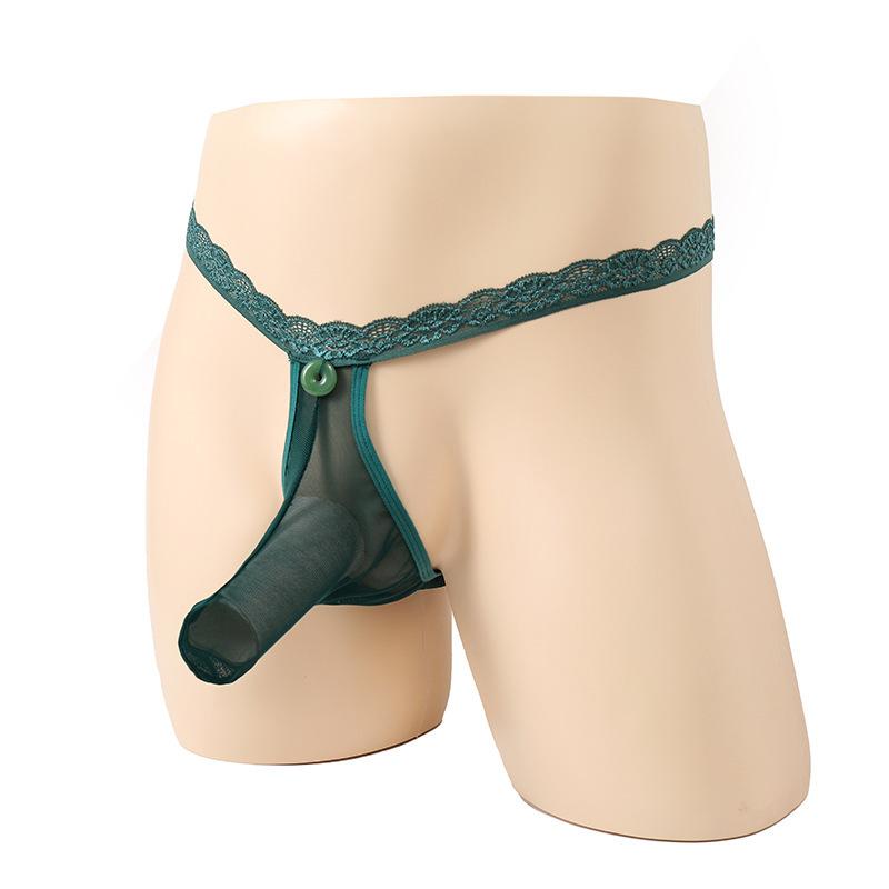 Mens Lingerie Thong Open Elephant Thong Safety Button Underwear Low Rise G-String Mesh See Through Long Penis Sheath Panties
