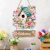Spring Wreath Welcome Wooden Door Sign With Floral Design And Birdhouse - Farmhouse Home Decor And Rustic Wooden Hanging Plaque