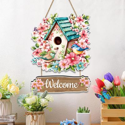 Ghirlanda di Primavera Benvenuto Cartello in Legno per Porta con Design Floreale e Casetta per Uccelli - Decorazione per la Casa in Stile Rustico e Targhetta in Legno da Appendere
