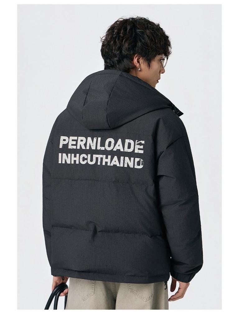 Men's 2025 White Duck Down Hooded Jacket: Winter Warmth, Loose Fit, Letter Print Design