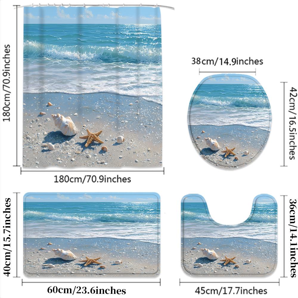 4Pcs Ocean Shell Starfish Shower Curtain Set with Non-Slip Bath Mat, Toilet Lid Cover, Contour Rug & 12 Hooks, Bathroom Decor