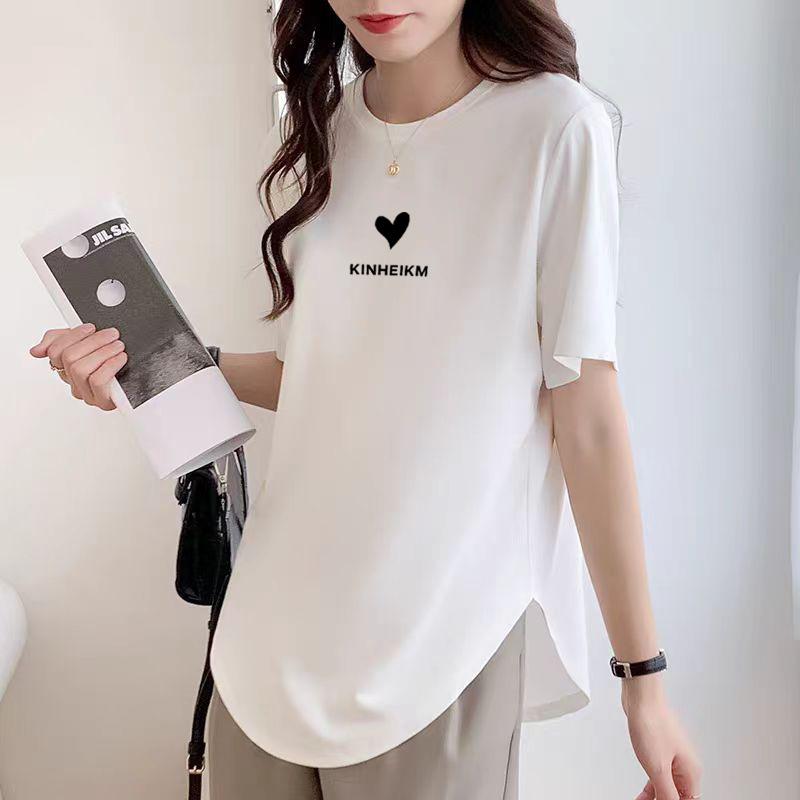 Pure Cotton T-shirt Women's Summer Loose and Thin Bottoming Shirt New Fashion Age Reduction Curved Black Medium and Long Short Sleeves