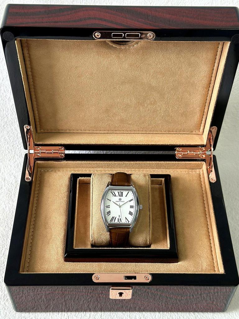 Pablo Raez Barrel Watch: Waterproof Leather Strap, Calendar, Casual Men's Style.