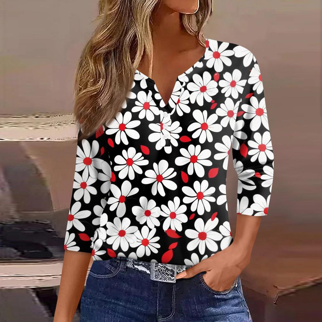 Women's T Shirt Print Button 3/4 Sleeve Daily Weekend Fashion Basic V- Neck Regular Top