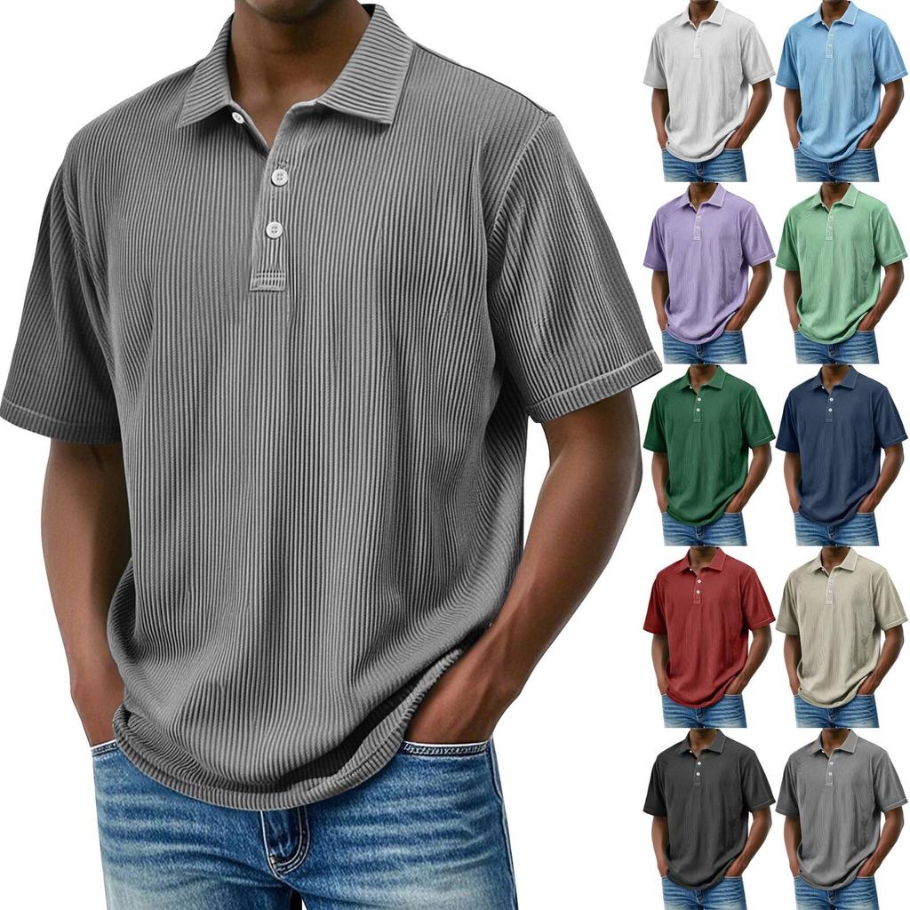 Pánské letní jednobarevné pruhované texturované volné tričko s krátkým rukávem a knoflíkovým límečkem