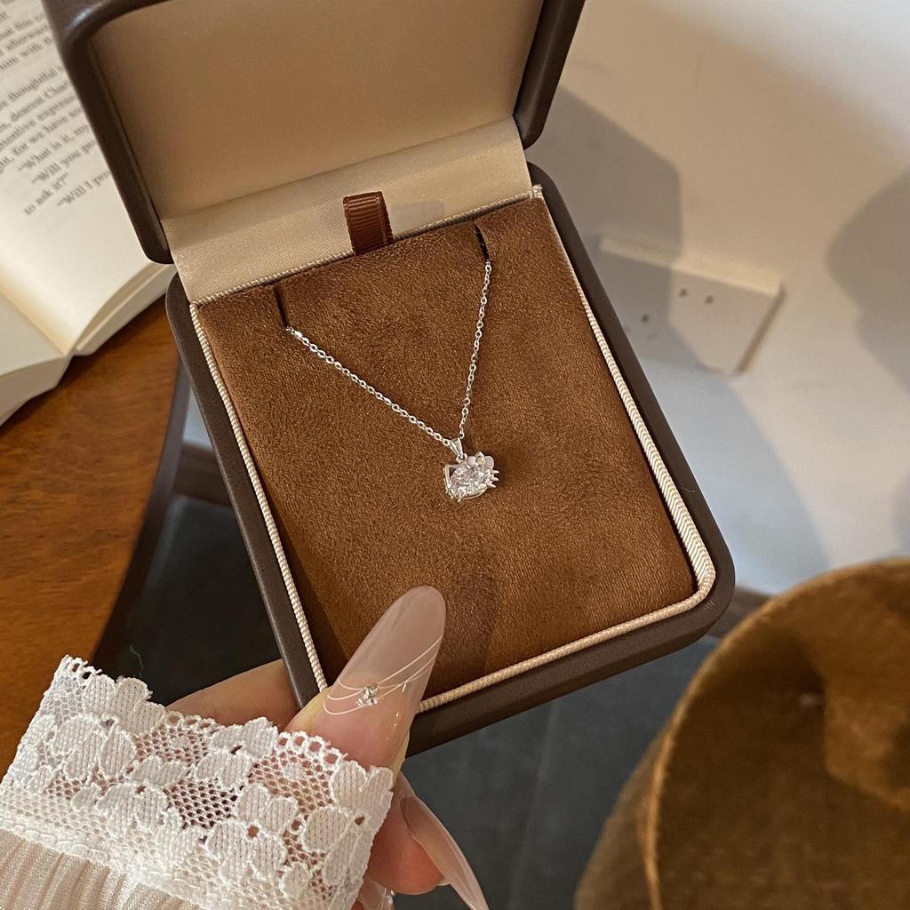 S925 Sterling Silver Pink Bow Cat Necklace with Full Diamond Clavicle Chain for Women