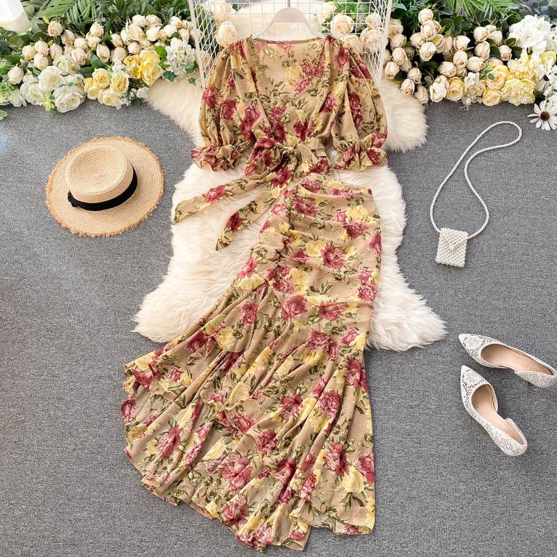 Vacation Two-Piece Set: Women's Tie-Up Chiffon Blouse & Mermaid Skirt