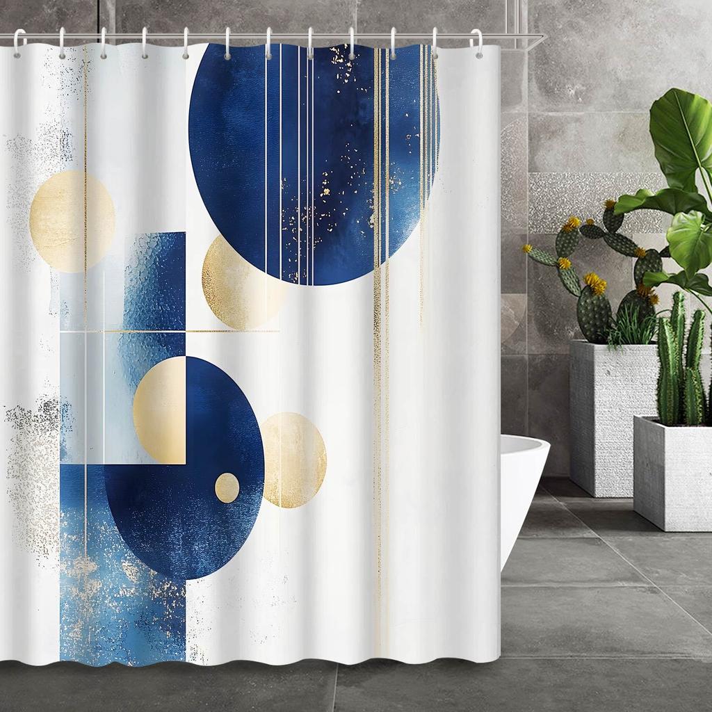 Bohemian Blue Geometric Polka Dot Shower Curtain, 12 Hooks, for Bathroom Decor & Partition, Stylish Fabric Curtain