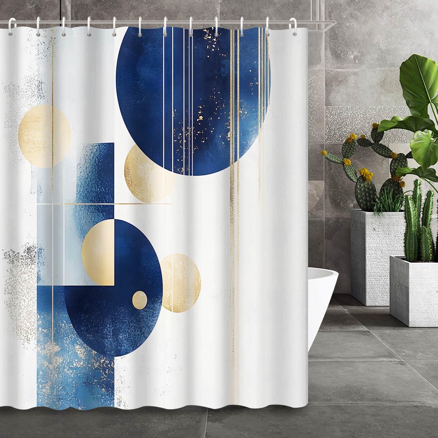 

Bohemian Blue Geometric Polka Dot Shower Curtain, 12 Hooks, For Bathroom Decor & Partition, Stylish Fabric Curtain W60H190(CM)-1 Pcs