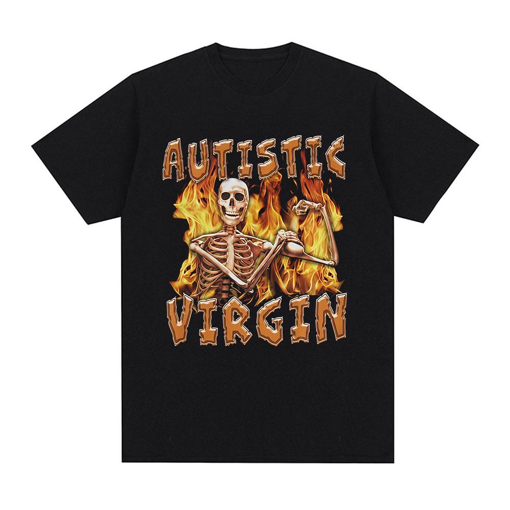 Autist Jungfrau Lustiger Skelett Autismus Meme T-Shirts Herrenbekleidung Vintage Gothic Kurzarm T-Shirt Baumwolle Oversized T-Shirt