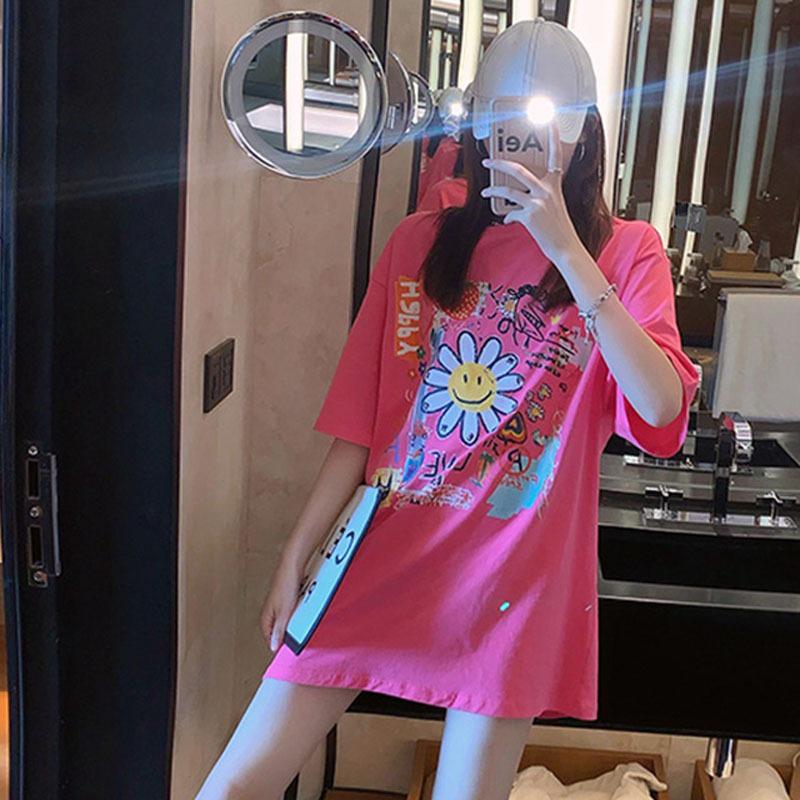 Summer 2026 Korean Style Trendy Cute Graffiti Loose Mid-Length Short-Sleeve T-shirt for Women