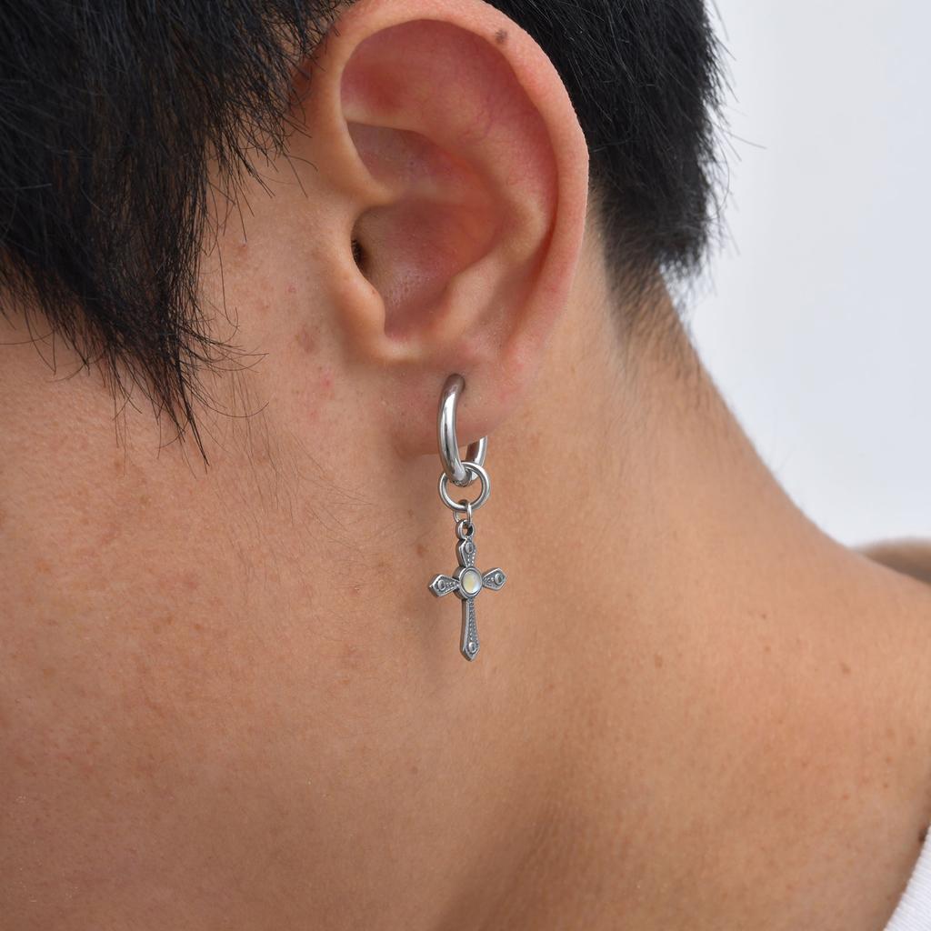Punk Men's Huggies Earrings,Vintage Long Chain Stainless Steel Ear Drop,Stylish Cross Earring Gift