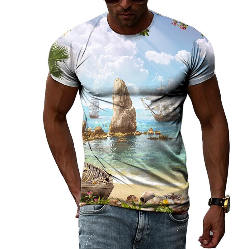 Summer Boys Cartoon Landscape Hand Painted Graphic T Shirts Men Casual 3D Taste Kawaii Printed Round Neck Short Sleeve Tees Tops
