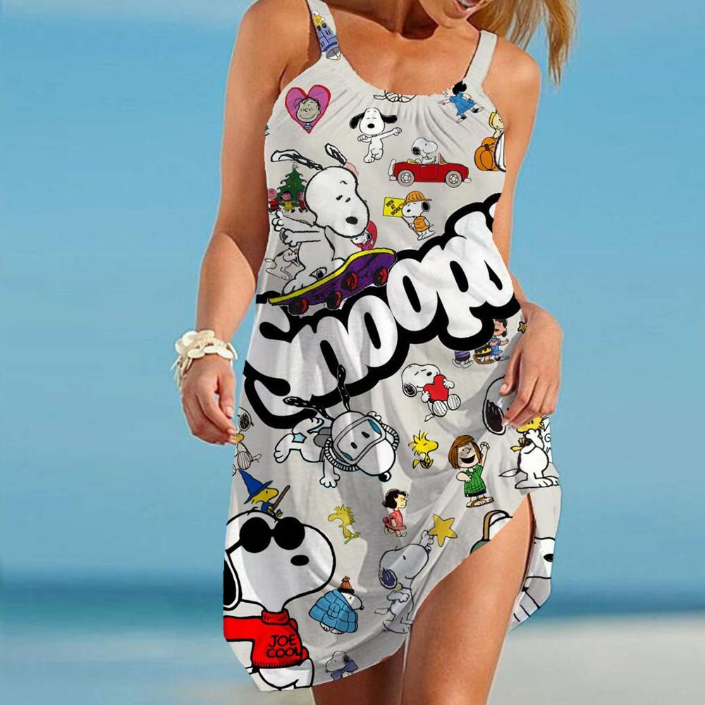 Women's Beach Dresses Kawaii Snoopy S-3XL Summer Anime Y2k Elegant Chic Dress Sling Leisure Sanrio Boho Fashion Sexy Wear