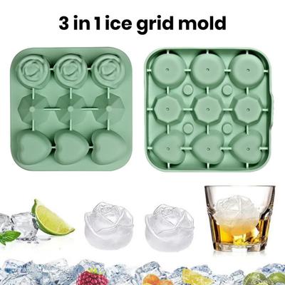 Eiswürfelform aus Silikon mit Deckel, Whiskey-Diamanten, Herz- und Rosenformen, große 3-in-1-Eisform, auslaufsicherer Eiswürfelbereiter für langsam schmelzende Cocktails und Getränke
