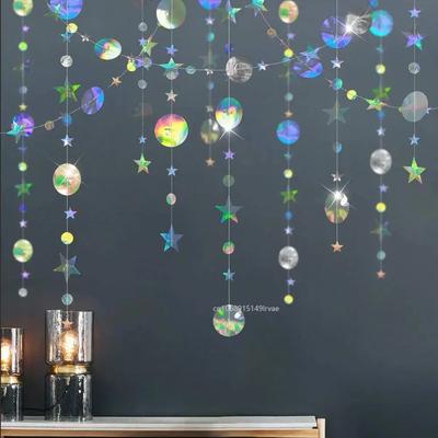 Lśniąca papierowa girlanda w kształcie gwiazdek i kropek z lustrzanym efektem na ślub, urodziny dziecka, baby shower, Boże Narodzenie - baner wiszący, akcesoria