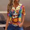 Dames T-skjorte Tee Halloween Trykket Knapp Kortermet Tunika Daglig Helgemote Basic V-hals Vanlig Topp
