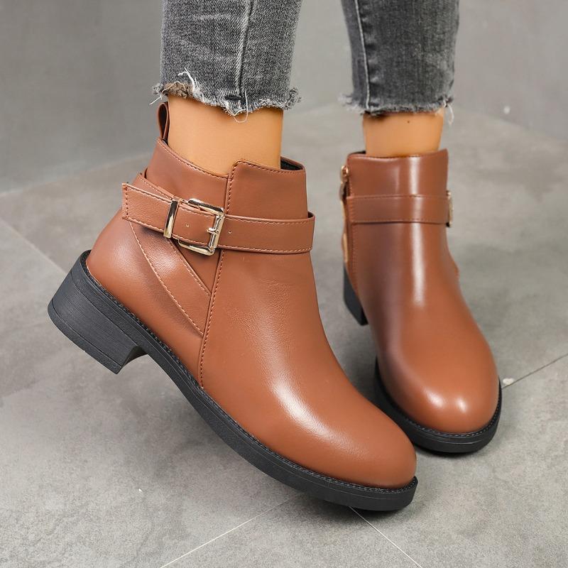 Supply Women's Round Head Low Heel Short Boots Belt Buckle Knight Boots
