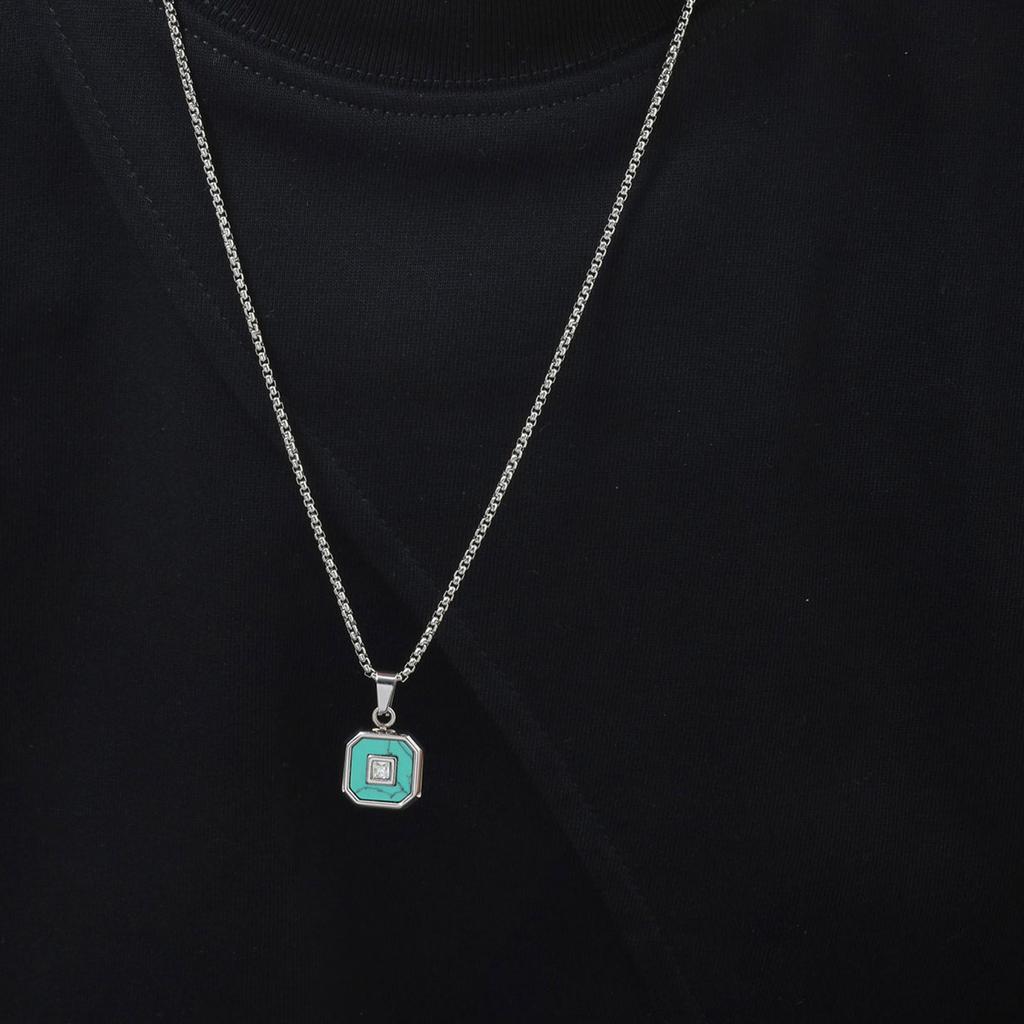Mens Square Pendant Necklaces,Small Geometric Green Natural Stone Pendant with AAA CZ Stone,Simple Stylish Collar