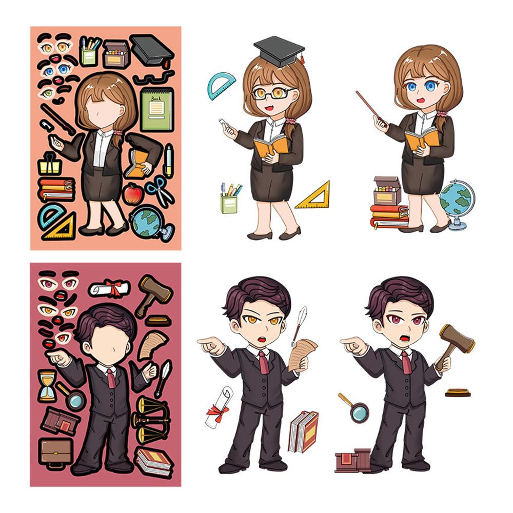 8/16sheets Firefighter Doctor Professional Puzzle Stickers Make a Face DIY Cartoon Assemble Jigsaw Educational Toy Decals Decor