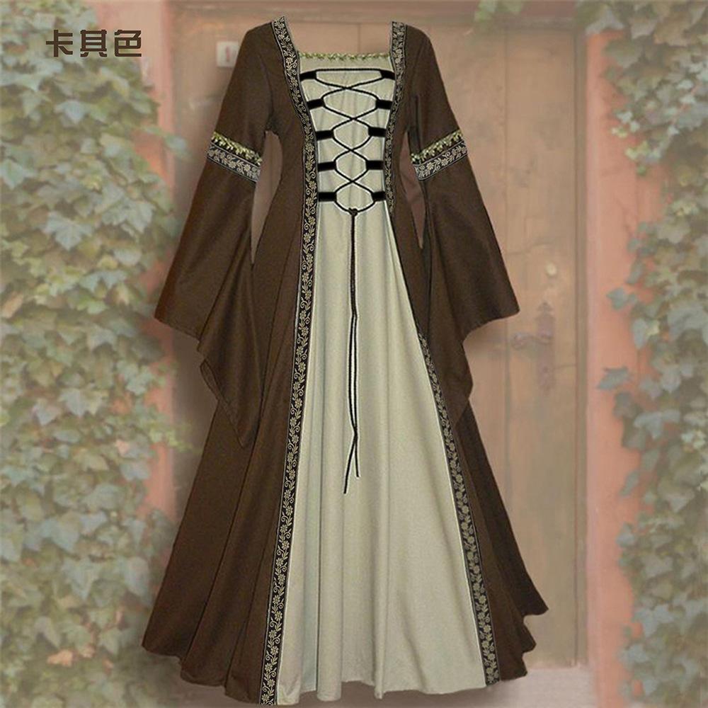 Women Medieval Renaissance Gown Square Neck Bell Long Sleeve Lace Up Contrast Trim Maxi Dress S-5XL Plus Size