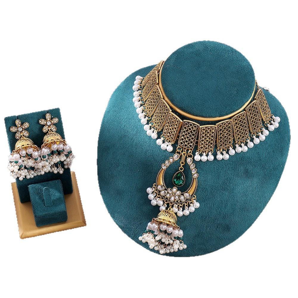 Diamond-encrusted Pearl Fringed Necklace, Earrings Set, Women's European, American Bohemian Ethnic Jewelry, Retro Fashion Jewelry.